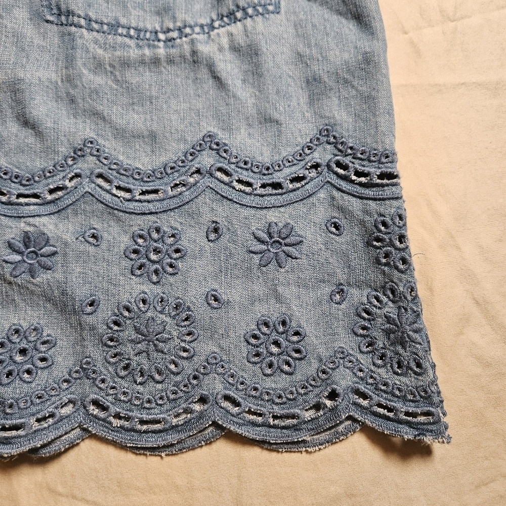 Naiif Denim Button-Up Shirt Jacket with Blue Eyelet Embroidery Trim‎ Boho L-XL - Picture 2 of 10